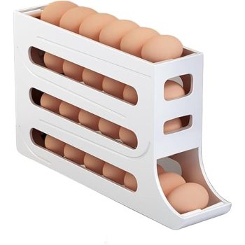 4-Tier 28 Eggs Automatic Rolling Egg Dispenser, Space-Saving Egg Tray Organizer Holder for Refrigerator/Kitchen/Cabinets/Countertop and Dining Table (White)