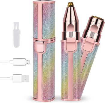2 in 1 Facial Hair Remover & Eyebrow Trimmer for Women, Painless Electric Eyebrows Hair Razor with LED Light, USB Rechargeable Eyebrow Razor for Peach Fuzz, Chin, Lip, Nose, Cheek