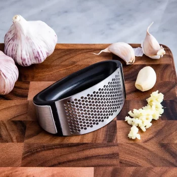 Garlic Press Rocker - Stainless Steel Garlic Mincer Garlic Crusher, New Innovative Garlic Chopper with Peeler and Scraper for Smash Garlic