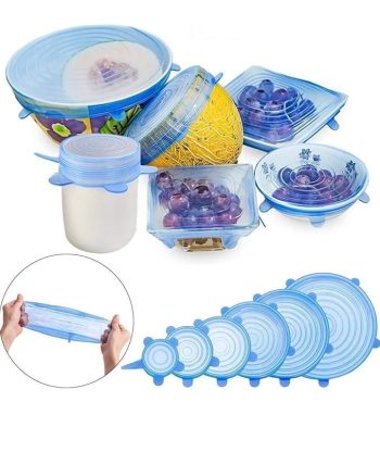 Silicone Bowl Lids Blue Set of 5 Reusable Suction Seal Covers for Bowls, Pots, Cups. Food Safe. Natural grip, interlocking handles for easy use and storage.