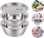 3 pieces of multifunctional stainless steel basin, 3 in 1 Multifunctional vegetable cutter with grater lid Stainless steel bowl, strainer, drain basket, salad bowl (26 cm/10.24 inches)