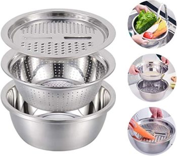 3 pieces of multifunctional stainless steel basin, 3 in 1 Multifunctional vegetable cutter with grater lid Stainless steel bowl, strainer, drain basket, salad bowl (26 cm/10.24 inches)