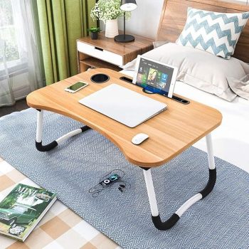 Premium Laptop Table for Home, Foldable Laptop Stand with Cup Holder, Laptop Table for Bed and Office, Study Table, Breakfast Table, Foldable and Portable/Ergonomic, Light Brown